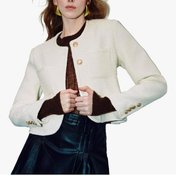 URBAN REVIVO Women's Casual Business Cropped Tweed Blazers Jacket with Pocket - Picture 5 of 5